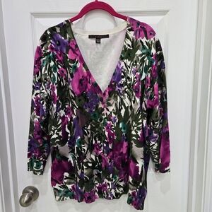 Fever Women V-neck Purple Floral Cardigan Sweater Size XL